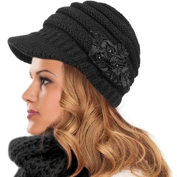 Woolen Winter Cap for Women Girls, Soft & Warm Visor Beanie Hat - Free Size (Black, 7111A)