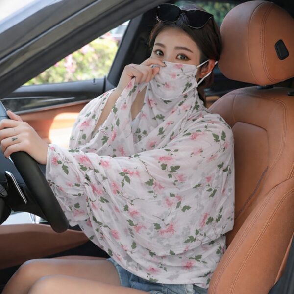 Women Sun UV Protection Outdoor Driving Full Arm Coverage Scarf with Face Cover Mask (Floral Vine Print)