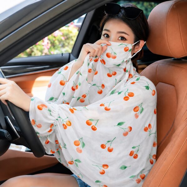 Women Sun UV Protection Outdoor Driving Full Arm Coverage Scarf with Face Cover Mask (Cherry Fruit Print)
