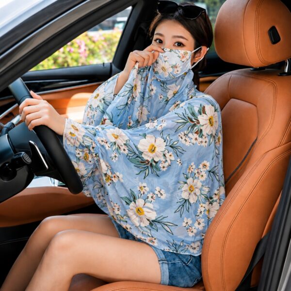 Women Sun UV Protection Outdoor Driving Full Arm Coverage Scarf with Face Cover Mask (Blue Daisy Floral Print)